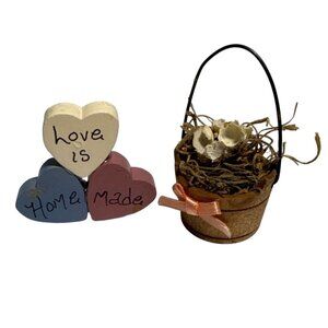 Wooden Heart Love Is Home Made & Miniature Bird Nest Basket Set Tole Dollhouse